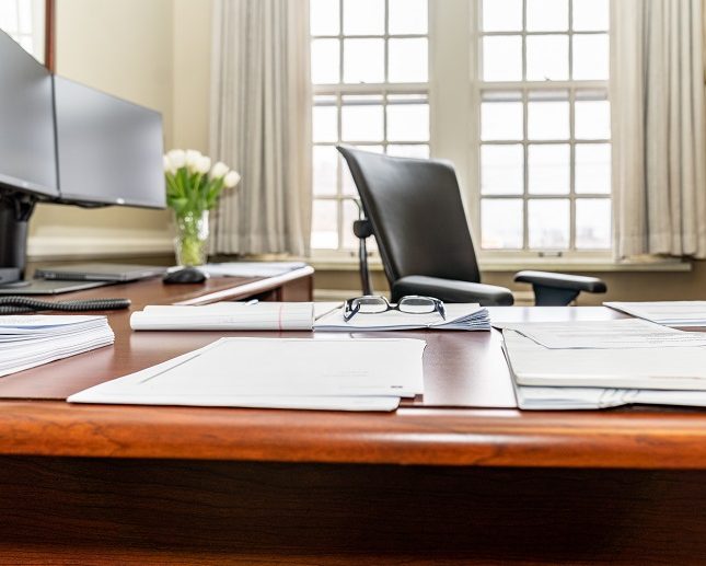 office desk with dual monitors and papers on it