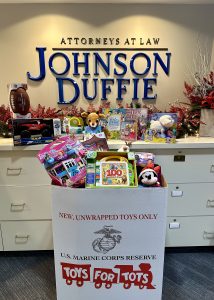 Johnson Duffie Attorneys filled a box with toys for tots to donate to a nearby hospital